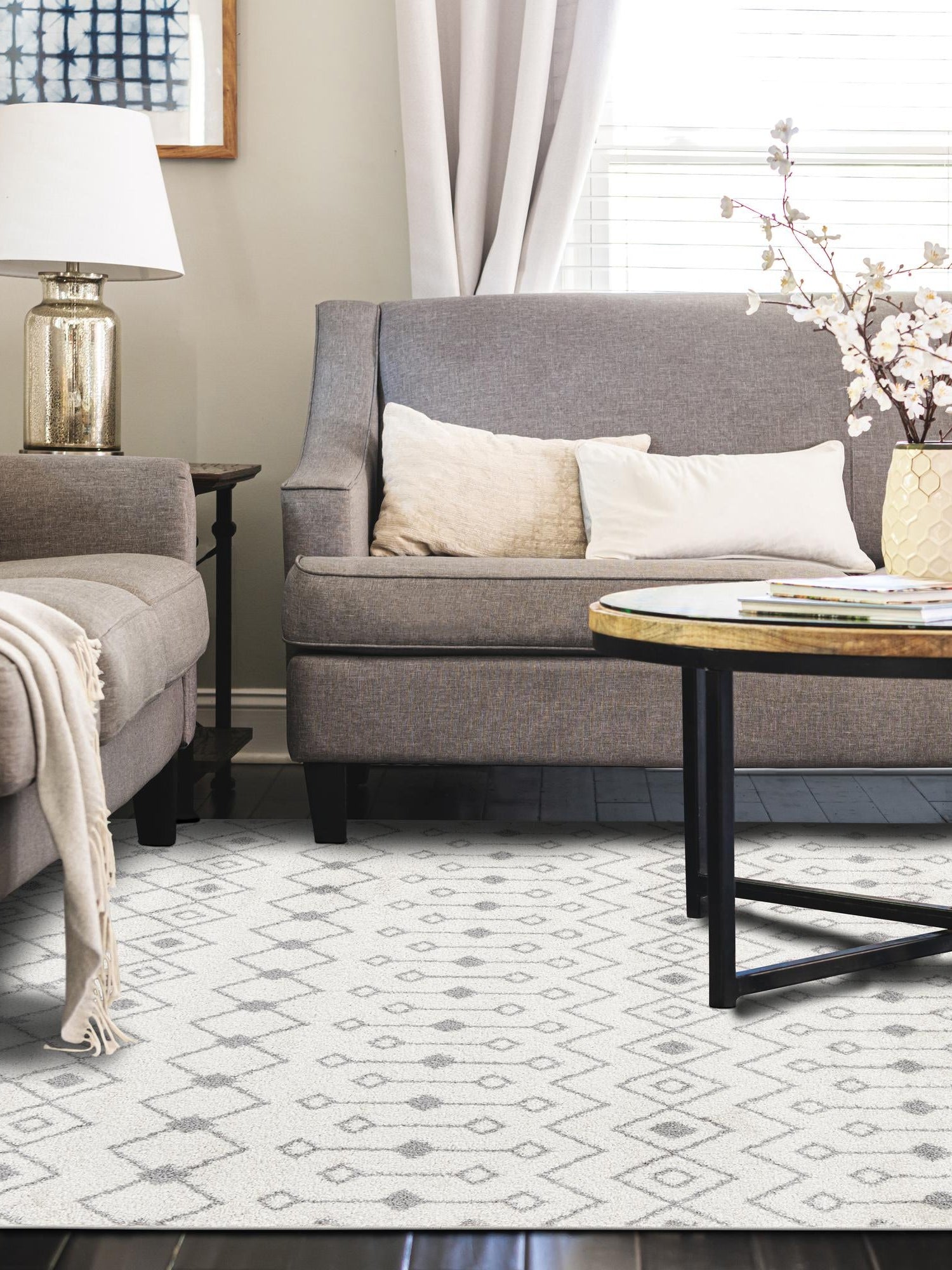 Ivory and Gray 9' x 12' Tribal Trellis Rectangle Area Rug Geometric Southwestern Inspired Durable Carpet for Home Interior Design for Sale at Rug Engine