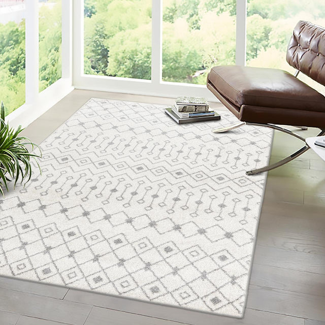 Ivory and Gray 9' x 12' Tribal Trellis Rectangle Area Rug Geometric Southwestern Inspired Durable Carpet for Home Interior Design for Sale at Rug Engine
