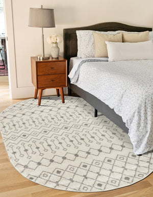 Ivory and Gray 4' 1 x 6' 1 Tribal Trellis Oval Area Rug Geometric Southwestern Inspired Durable Carpet for Home Interior Design for Sale at Rug Engine