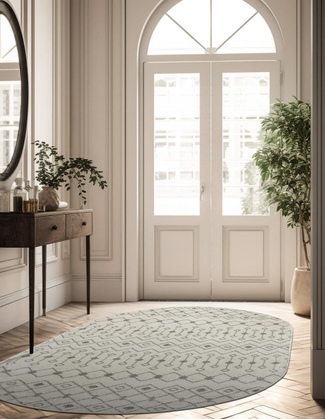 Ivory and Gray 7' 10 x 10' Tribal Trellis Oval Area Rug Geometric Southwestern Inspired Durable Carpet for Home Interior Design for Sale at Rug Engine