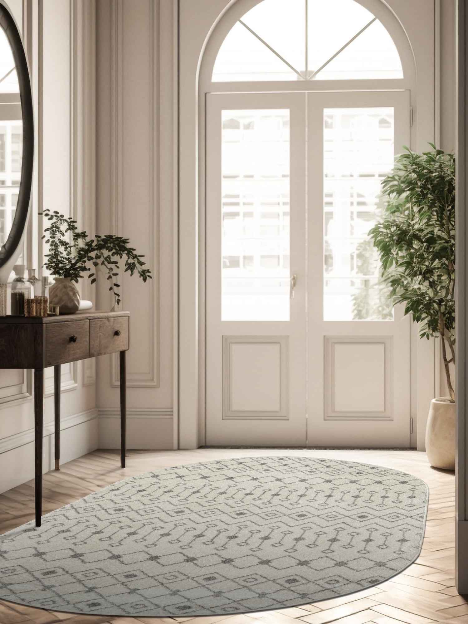 Ivory and Gray 5' 3 x 8' Tribal Trellis Oval Area Rug Geometric Southwestern Inspired Durable Carpet for Home Interior Design for Sale at Rug Engine