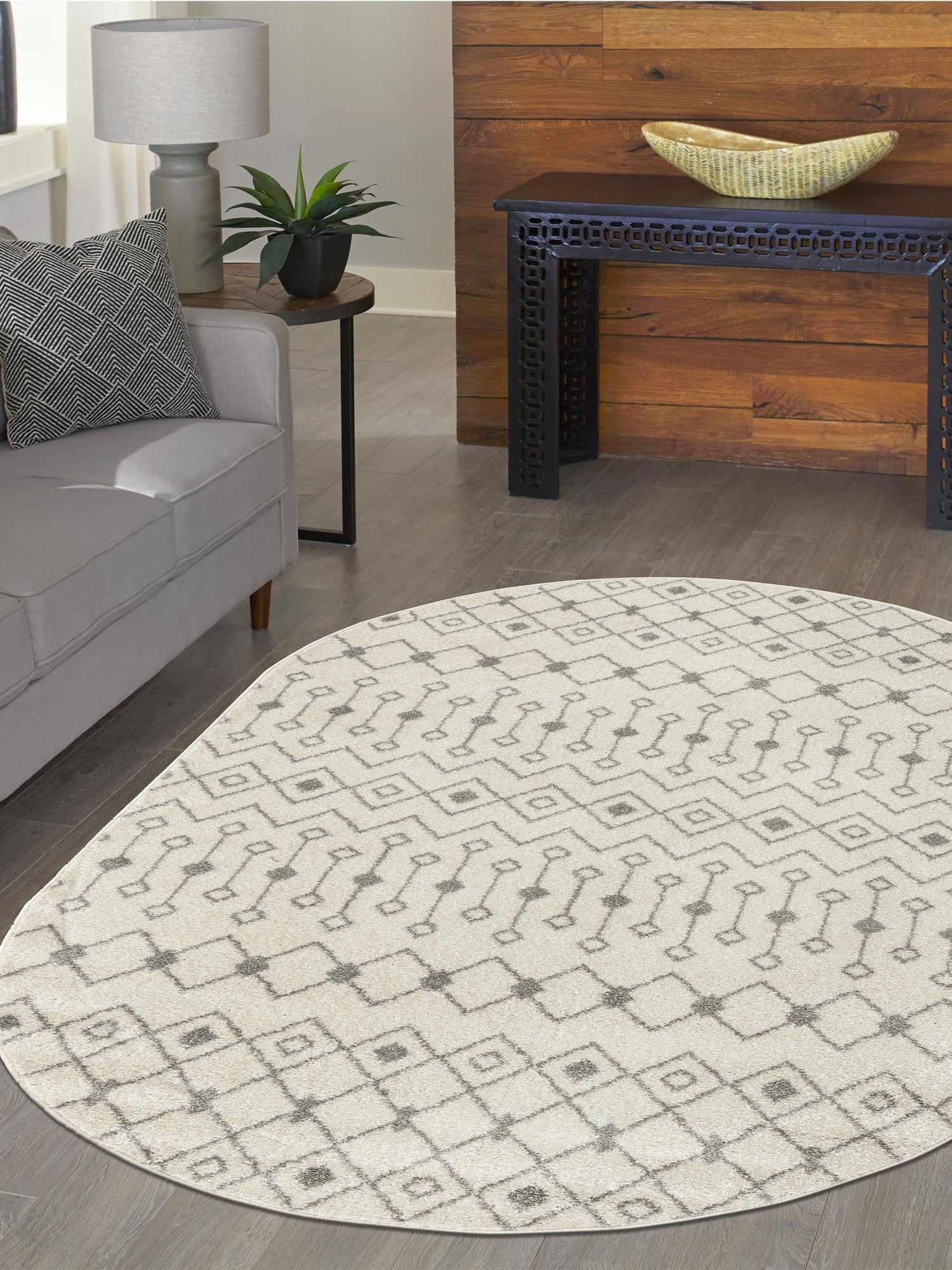Ivory and Gray 4' 1 x 6' 1 Tribal Trellis Oval Area Rug Geometric Southwestern Inspired Durable Carpet for Home Interior Design for Sale at Rug Engine