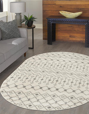 Ivory and Gray 5' 3 x 8' Tribal Trellis Oval Area Rug Geometric Southwestern Inspired Durable Carpet for Home Interior Design for Sale at Rug Engine