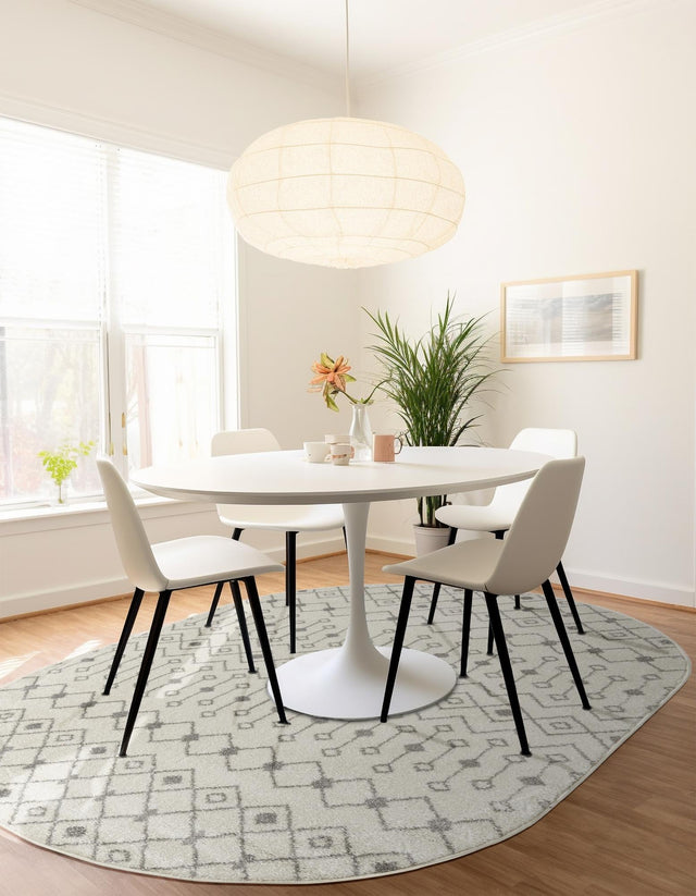 Ivory and Gray 5' 3 x 8' Tribal Trellis Oval Area Rug Geometric Southwestern Inspired Durable Carpet for Home Interior Design for Sale at Rug Engine