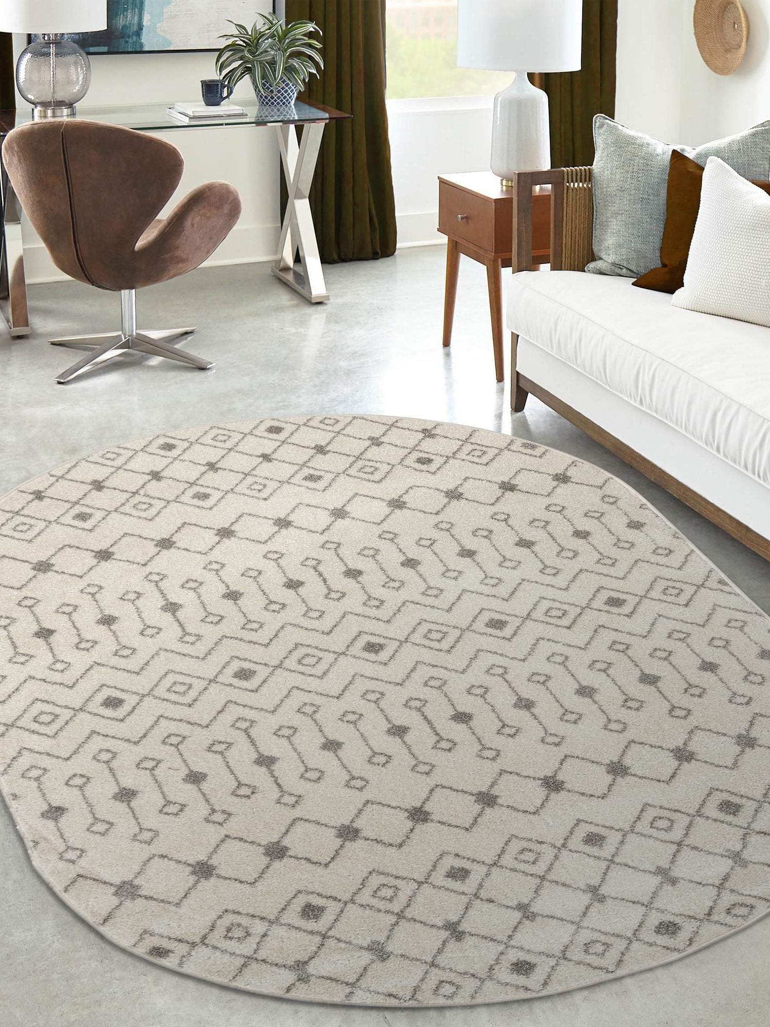 Ivory and Gray 5' 3 x 8' Tribal Trellis Oval Area Rug Geometric Southwestern Inspired Durable Carpet for Home Interior Design for Sale at Rug Engine