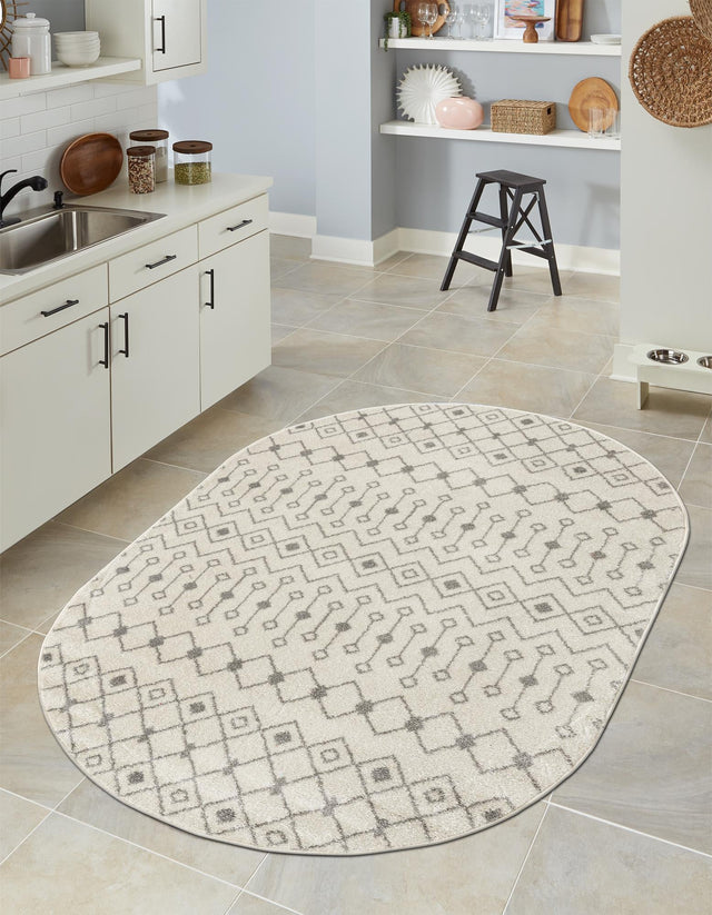 Ivory and Gray 5' 3 x 8' Tribal Trellis Oval Area Rug Geometric Southwestern Inspired Durable Carpet for Home Interior Design for Sale at Rug Engine
