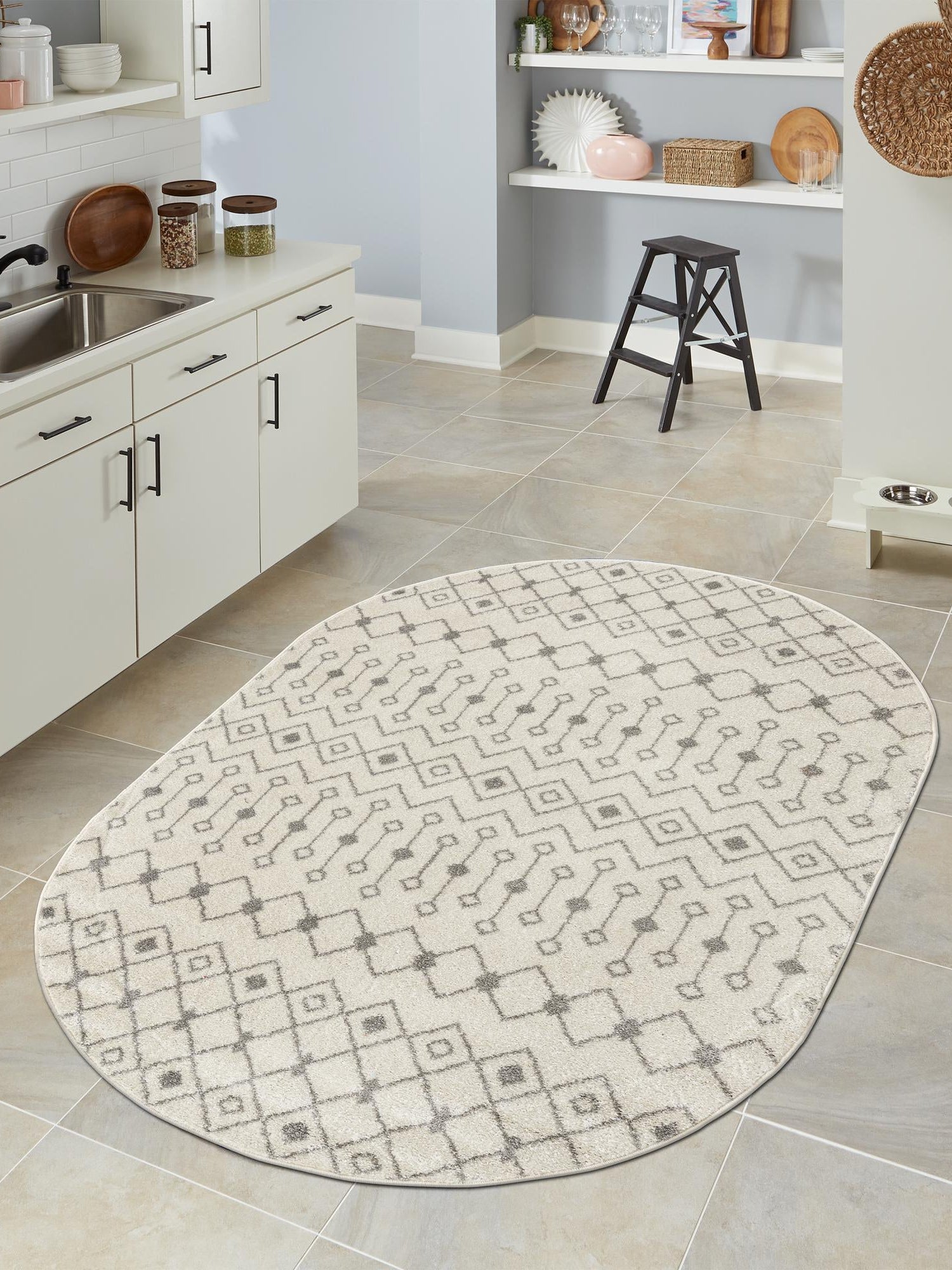 Ivory and Gray 4' 1 x 6' 1 Tribal Trellis Oval Area Rug Geometric Southwestern Inspired Durable Carpet for Home Interior Design for Sale at Rug Engine
