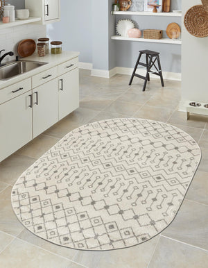 Ivory and Gray 4' 1 x 6' 1 Tribal Trellis Oval Area Rug Geometric Southwestern Inspired Durable Carpet for Home Interior Design for Sale at Rug Engine