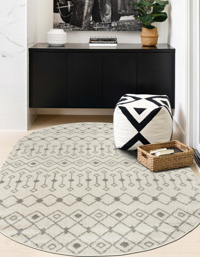 Ivory and Gray 7' 10 x 10' Tribal Trellis Oval Area Rug Geometric Southwestern Inspired Durable Carpet for Home Interior Design for Sale at Rug Engine