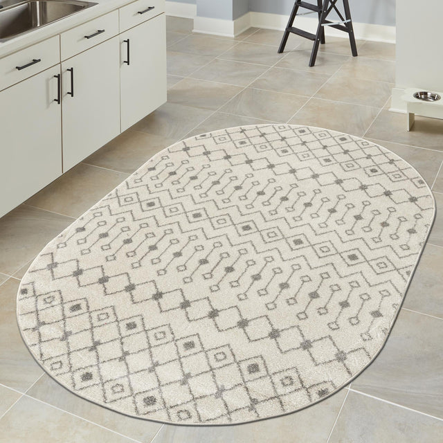 Ivory and Gray 7' 10 x 10' Tribal Trellis Oval Area Rug Geometric Southwestern Inspired Durable Carpet for Home Interior Design for Sale at Rug Engine