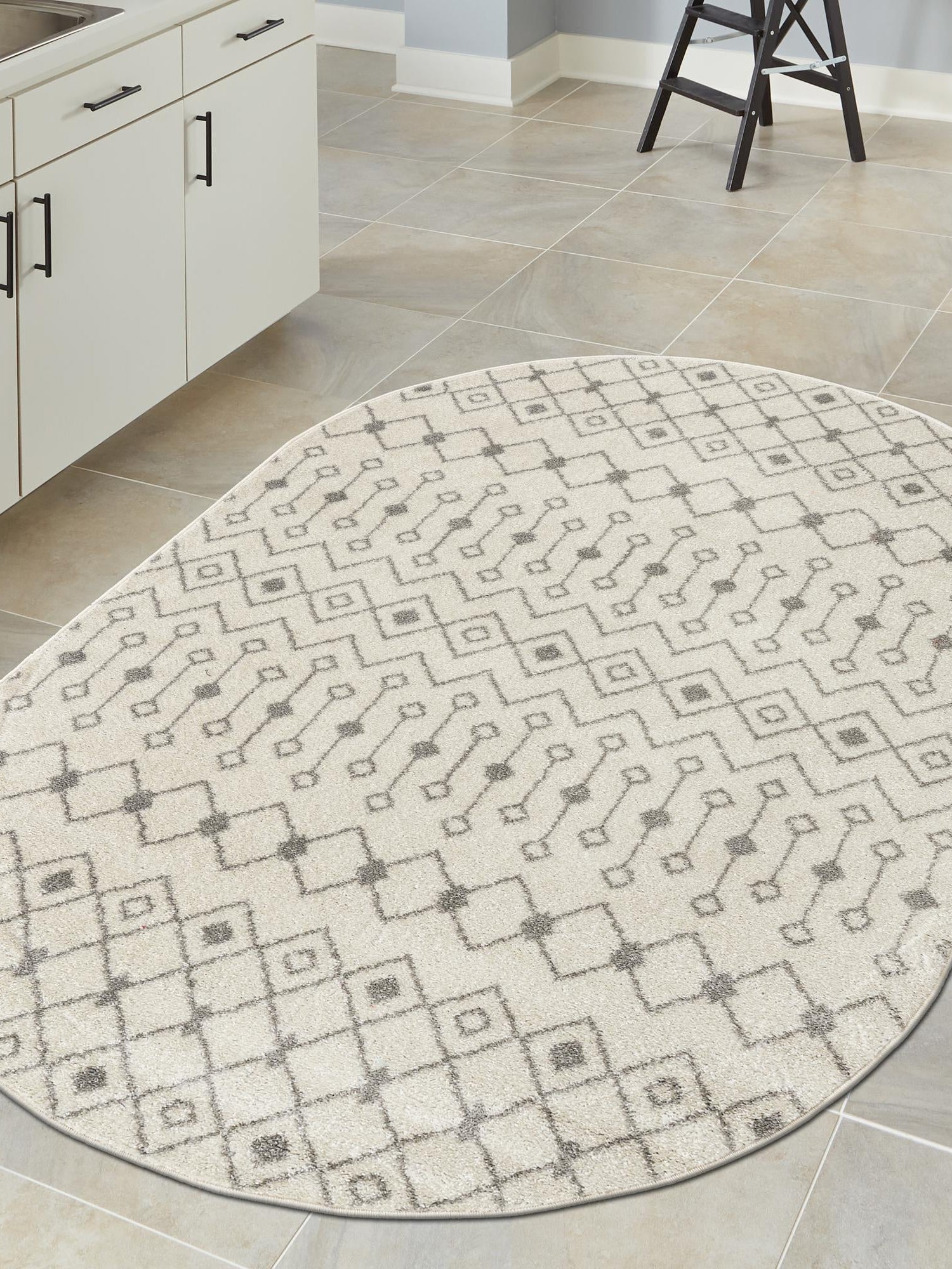 Ivory and Gray 5' 3 x 8' Tribal Trellis Oval Area Rug Geometric Southwestern Inspired Durable Carpet for Home Interior Design for Sale at Rug Engine
