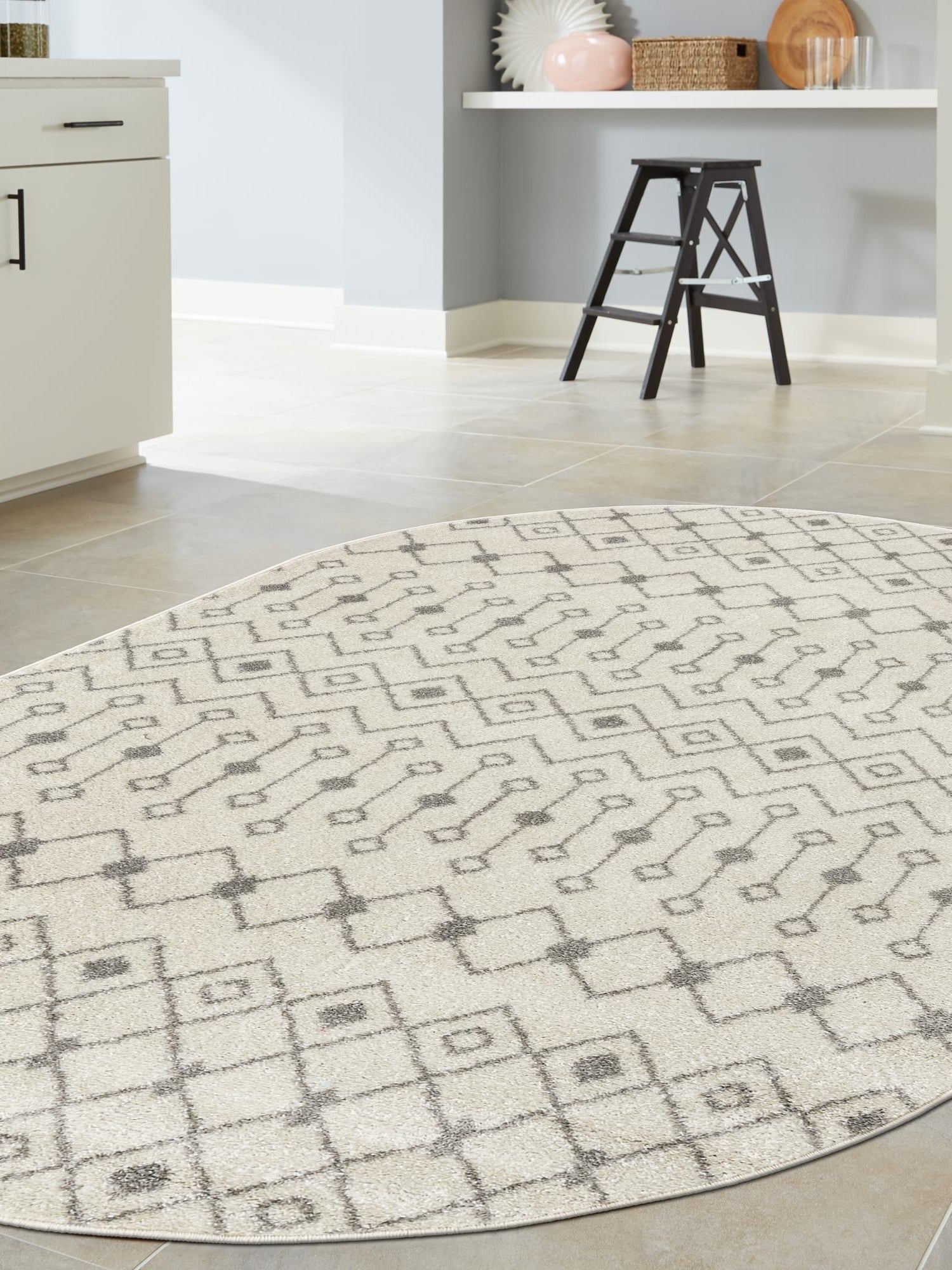 Ivory and Gray 4' 1 x 6' 1 Tribal Trellis Oval Area Rug Geometric Southwestern Inspired Durable Carpet for Home Interior Design for Sale at Rug Engine