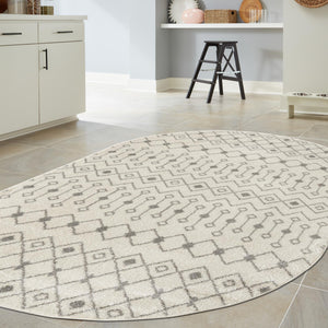 Ivory and Gray 5' 3 x 8' Tribal Trellis Oval Area Rug Geometric Southwestern Inspired Durable Carpet for Home Interior Design for Sale at Rug Engine