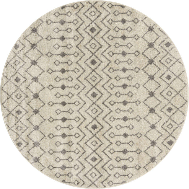 Ivory and Gray 6' 1 x 6' 1 Tribal Trellis Round Area Rug Geometric Southwestern Inspired Durable Carpet for Home Interior Design for Sale at Rug Engine