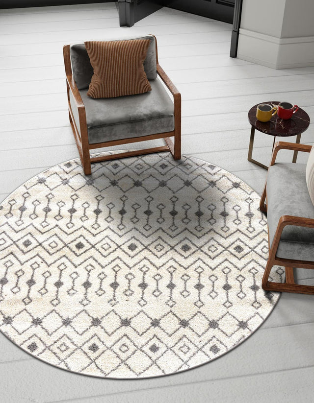 Ivory and Gray 10' x 10' Tribal Trellis Round Area Rug Geometric Southwestern Inspired Durable Carpet for Home Interior Design for Sale at Rug Engine