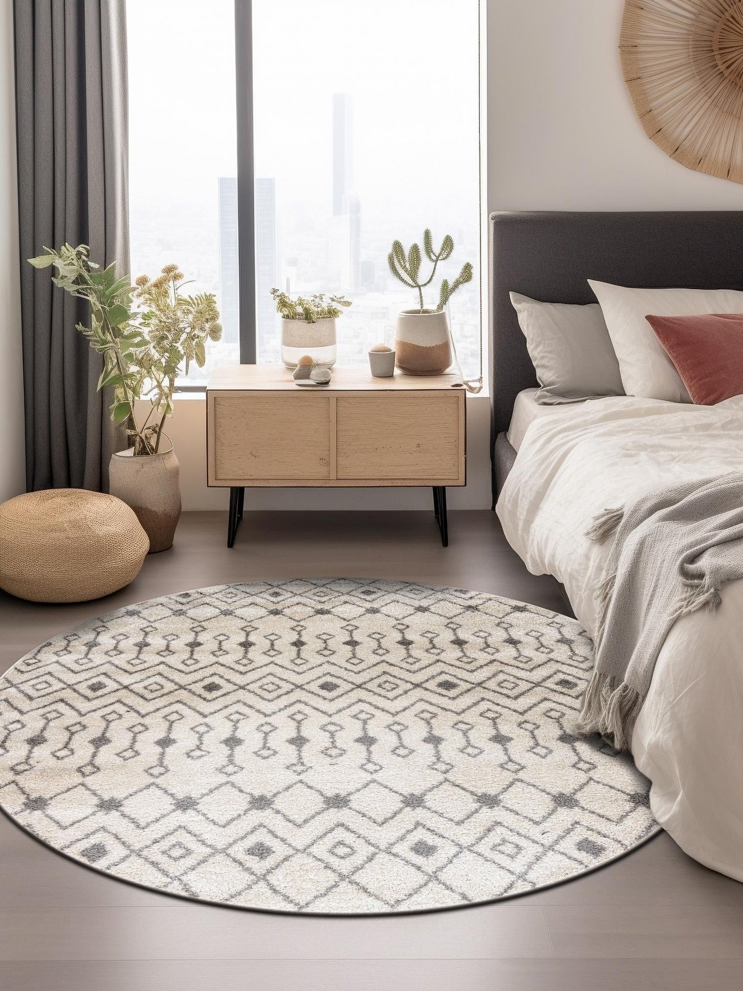 Ivory and Gray 5' 3 x 5' 3 Tribal Trellis Round Area Rug Geometric Southwestern Inspired Durable Carpet for Home Interior Design for Sale at Rug Engine