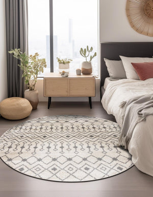 Ivory and Gray 5' 3 x 5' 3 Tribal Trellis Round Area Rug Geometric Southwestern Inspired Durable Carpet for Home Interior Design for Sale at Rug Engine