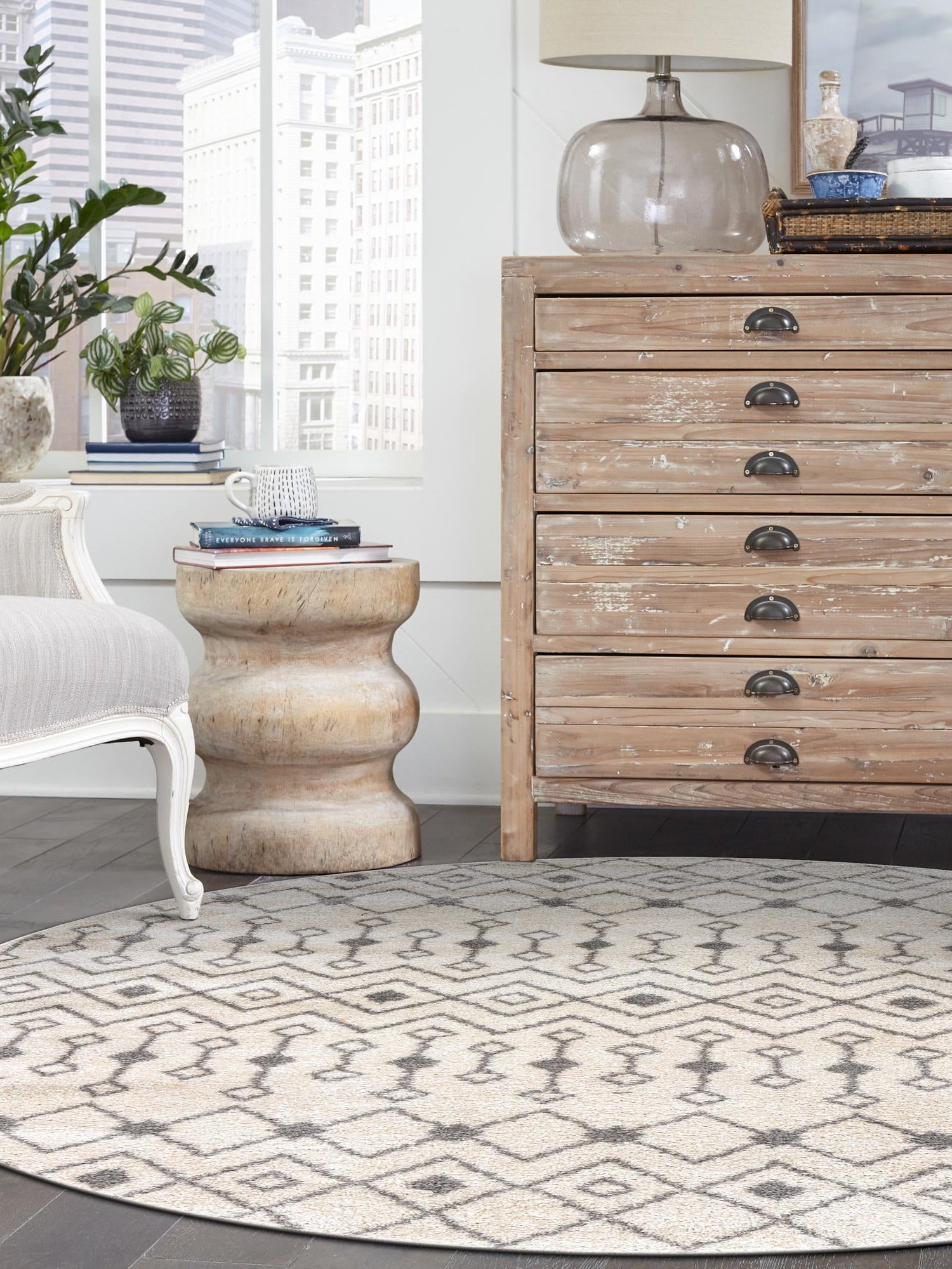 Ivory and Gray 6' 1 x 6' 1 Tribal Trellis Round Area Rug Geometric Southwestern Inspired Durable Carpet for Home Interior Design for Sale at Rug Engine