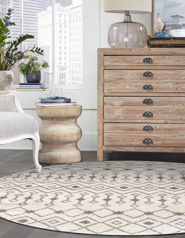 Ivory and Gray 6' 1 x 6' 1 Tribal Trellis Round Area Rug Geometric Southwestern Inspired Durable Carpet for Home Interior Design for Sale at Rug Engine