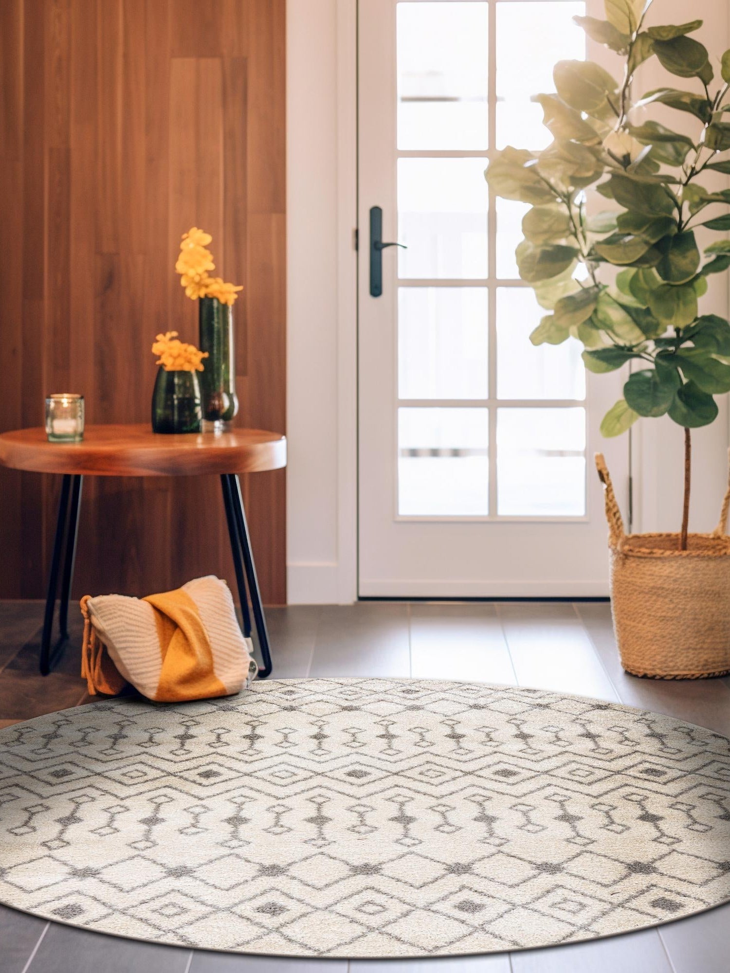 Ivory and Gray 5' 3 x 5' 3 Tribal Trellis Round Area Rug Geometric Southwestern Inspired Durable Carpet for Home Interior Design for Sale at Rug Engine