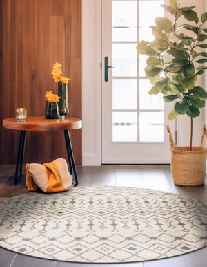 Ivory and Gray 5' 3 x 5' 3 Tribal Trellis Round Area Rug Geometric Southwestern Inspired Durable Carpet for Home Interior Design for Sale at Rug Engine