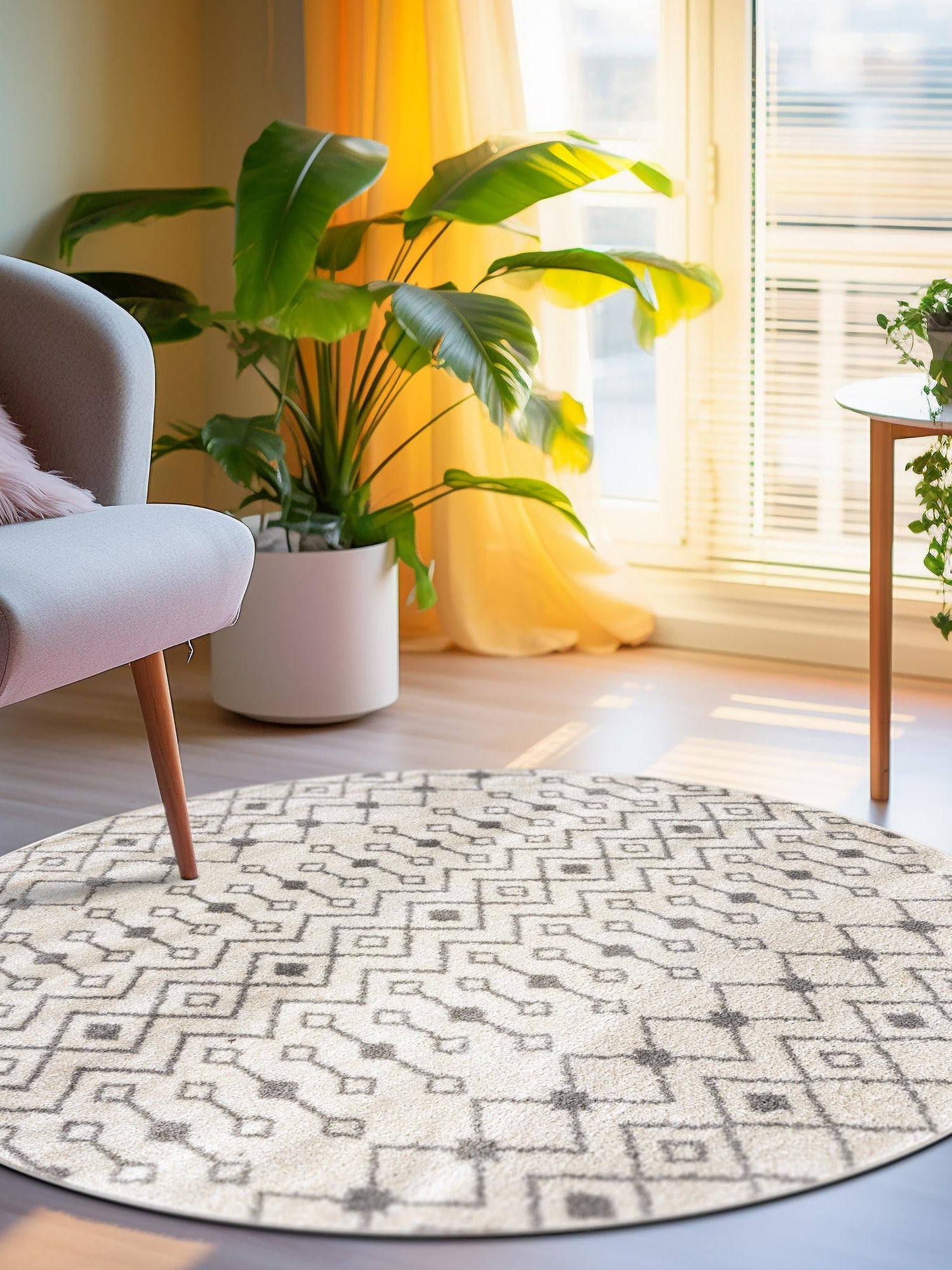 Ivory and Gray 6' 1 x 6' 1 Tribal Trellis Round Area Rug Geometric Southwestern Inspired Durable Carpet for Home Interior Design for Sale at Rug Engine