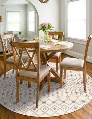 Ivory and Gray 7' 10 x 7' 10 Tribal Trellis Round Area Rug Geometric Southwestern Inspired Durable Carpet for Home Interior Design for Sale at Rug Engine