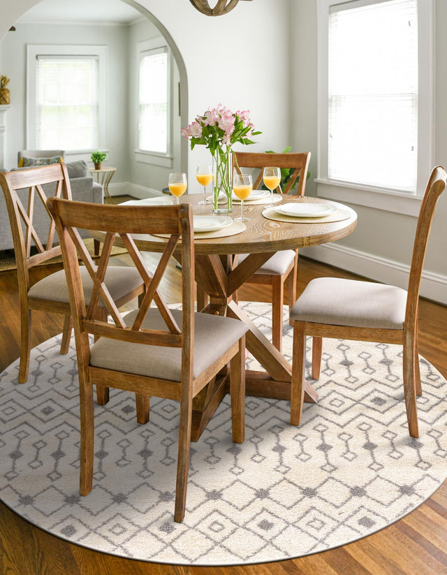 Ivory and Gray 7' 10 x 7' 10 Tribal Trellis Round Area Rug Geometric Southwestern Inspired Durable Carpet for Home Interior Design for Sale at Rug Engine