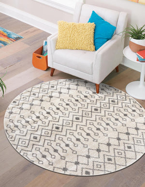Ivory and Gray 7' 10 x 7' 10 Tribal Trellis Round Area Rug Geometric Southwestern Inspired Durable Carpet for Home Interior Design for Sale at Rug Engine