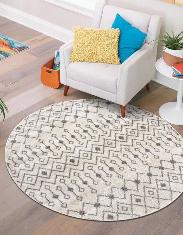 Ivory and Gray 7' 10 x 7' 10 Tribal Trellis Round Area Rug Geometric Southwestern Inspired Durable Carpet for Home Interior Design for Sale at Rug Engine