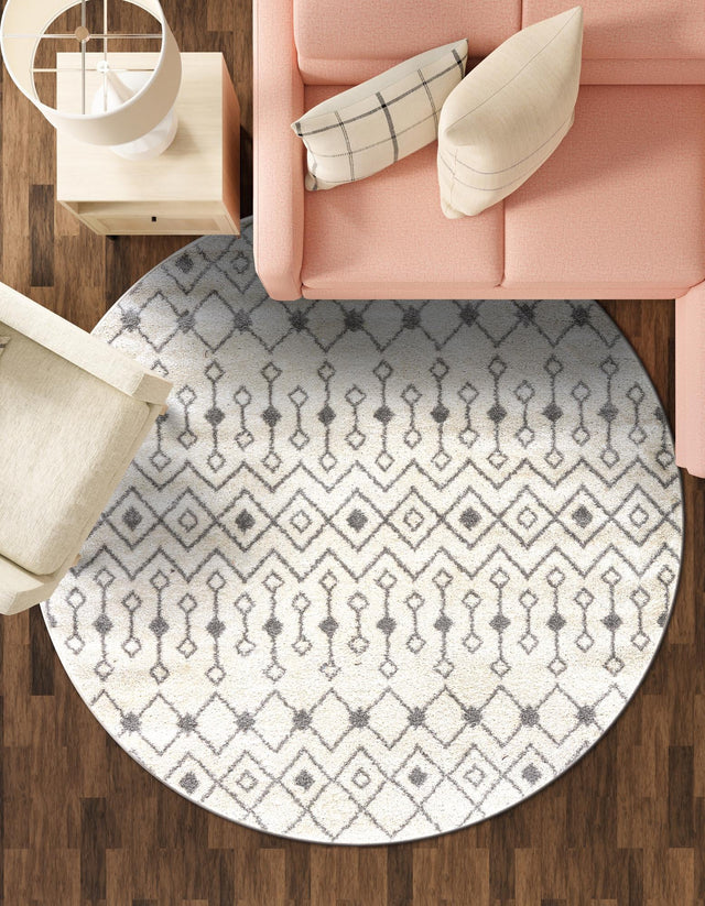 Ivory and Gray 7' 10 x 7' 10 Tribal Trellis Round Area Rug Geometric Southwestern Inspired Durable Carpet for Home Interior Design for Sale at Rug Engine