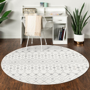 Ivory and Gray 7' 10 x 7' 10 Tribal Trellis Round Area Rug Geometric Southwestern Inspired Durable Carpet for Home Interior Design for Sale at Rug Engine