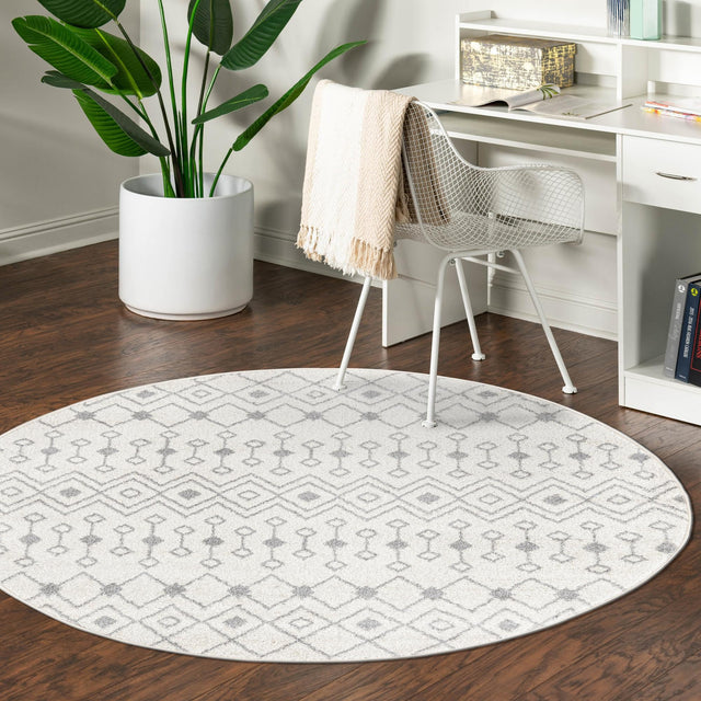 Ivory and Gray 7' 10 x 7' 10 Tribal Trellis Round Area Rug Geometric Southwestern Inspired Durable Carpet for Home Interior Design for Sale at Rug Engine