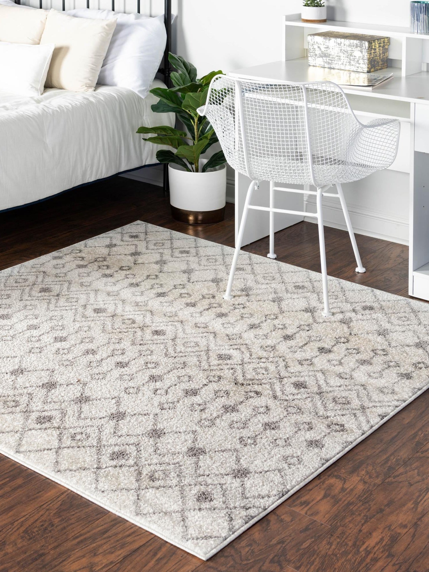 Ivory and Gray 7' 10 x 7' 10 Tribal Trellis Square Area Rug Geometric Southwestern Inspired Durable Carpet for Home Interior Design for Sale at Rug Engine