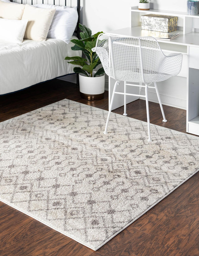 Ivory and Gray 4' 1 x 4' 1 Tribal Trellis Square Area Rug Geometric Southwestern Inspired Durable Carpet for Home Interior Design for Sale at Rug Engine