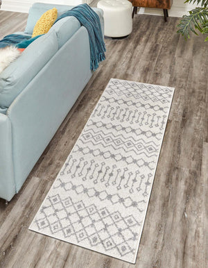 Ivory and Gray 3' 3 x 16' 5 Tribal Trellis Runner Area Rug Geometric Southwestern Inspired Durable Carpet for Home Interior Design for Sale at Rug Engine