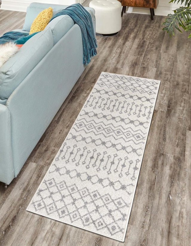 Ivory and Gray 2' x 8' Tribal Trellis Runner Area Rug Geometric Southwestern Inspired Durable Carpet for Home Interior Design for Sale at Rug Engine