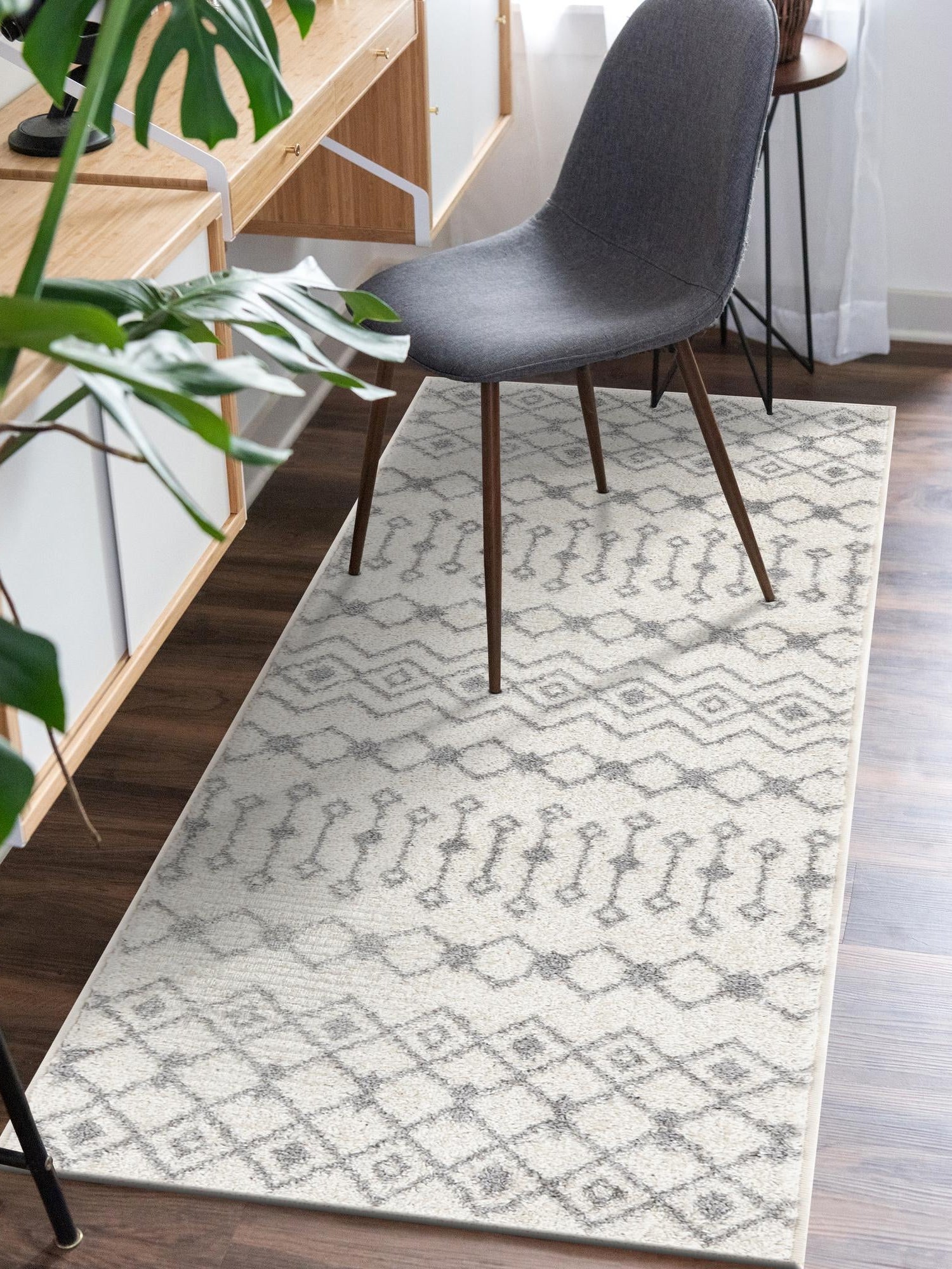 Ivory and Gray 2' x 5' 3 Tribal Trellis Runner Area Rug Geometric Southwestern Inspired Durable Carpet for Home Interior Design for Sale at Rug Engine