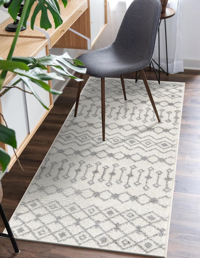 Ivory and Gray 2' x 5' 3 Tribal Trellis Runner Area Rug Geometric Southwestern Inspired Durable Carpet for Home Interior Design for Sale at Rug Engine