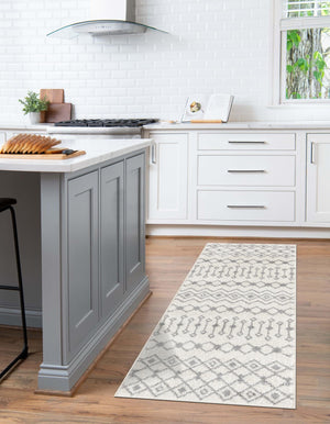 Ivory and Gray 2' 7 x 10' Tribal Trellis Runner Area Rug Geometric Southwestern Inspired Durable Carpet for Home Interior Design for Sale at Rug Engine