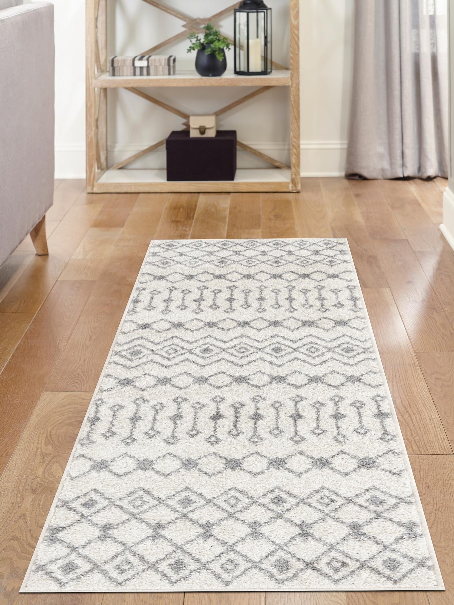 Ivory and Gray 2' x 5' 3 Tribal Trellis Runner Area Rug Geometric Southwestern Inspired Durable Carpet for Home Interior Design for Sale at Rug Engine