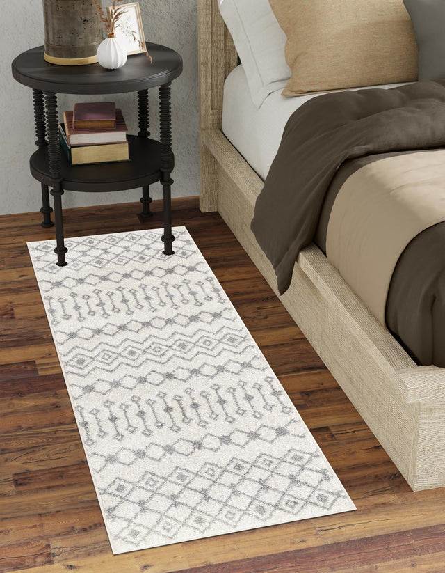 Ivory and Gray 2' 7 x 10' Tribal Trellis Runner Area Rug Geometric Southwestern Inspired Durable Carpet for Home Interior Design for Sale at Rug Engine