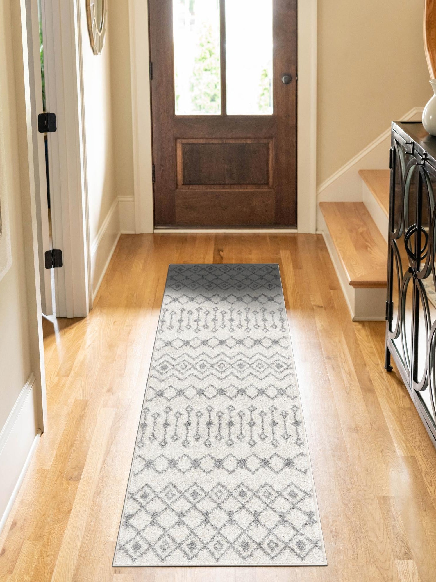 Ivory and Gray 3' 3 x 16' 5 Tribal Trellis Runner Area Rug Geometric Southwestern Inspired Durable Carpet for Home Interior Design for Sale at Rug Engine