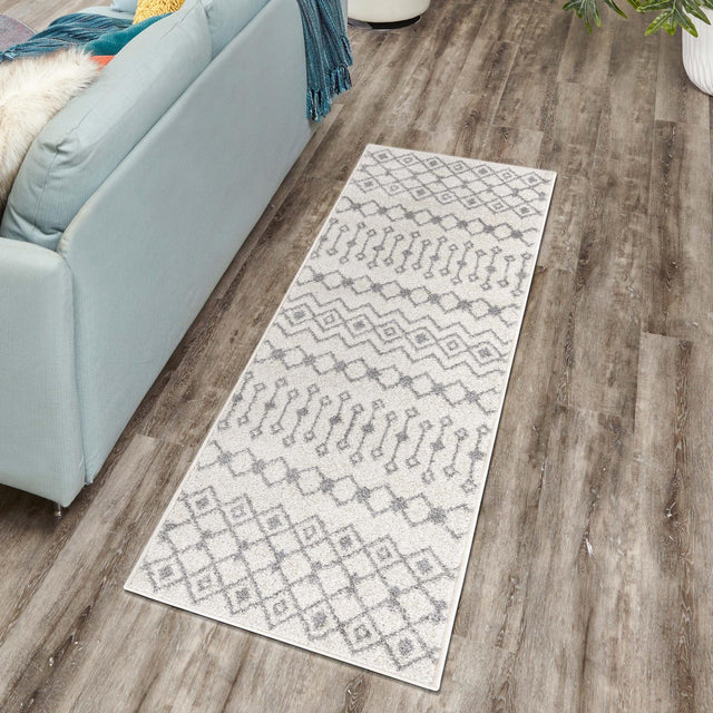 Ivory and Gray 2' 7 x 10' Tribal Trellis Runner Area Rug Geometric Southwestern Inspired Durable Carpet for Home Interior Design for Sale at Rug Engine