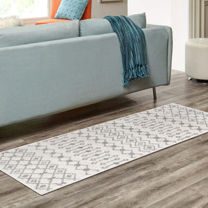 Ivory and Gray 2' 7 x 10' Tribal Trellis Runner Area Rug Geometric Southwestern Inspired Durable Carpet for Home Interior Design for Sale at Rug Engine