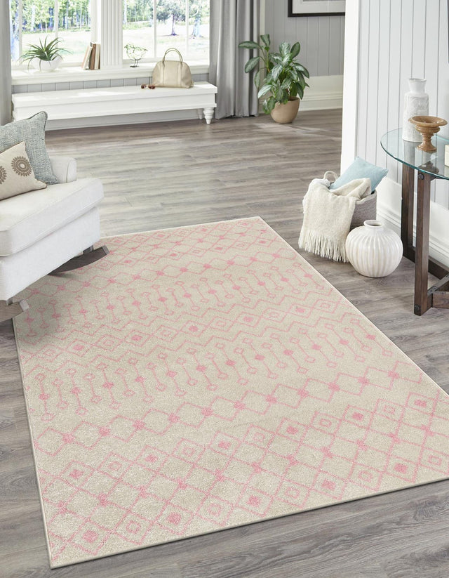 Ivory and Pink 5' 3 x 8' Tribal Trellis Rectangle Area Rug Geometric Southwestern Inspired Durable Carpet for Home Interior Design for Sale at Rug Engine
