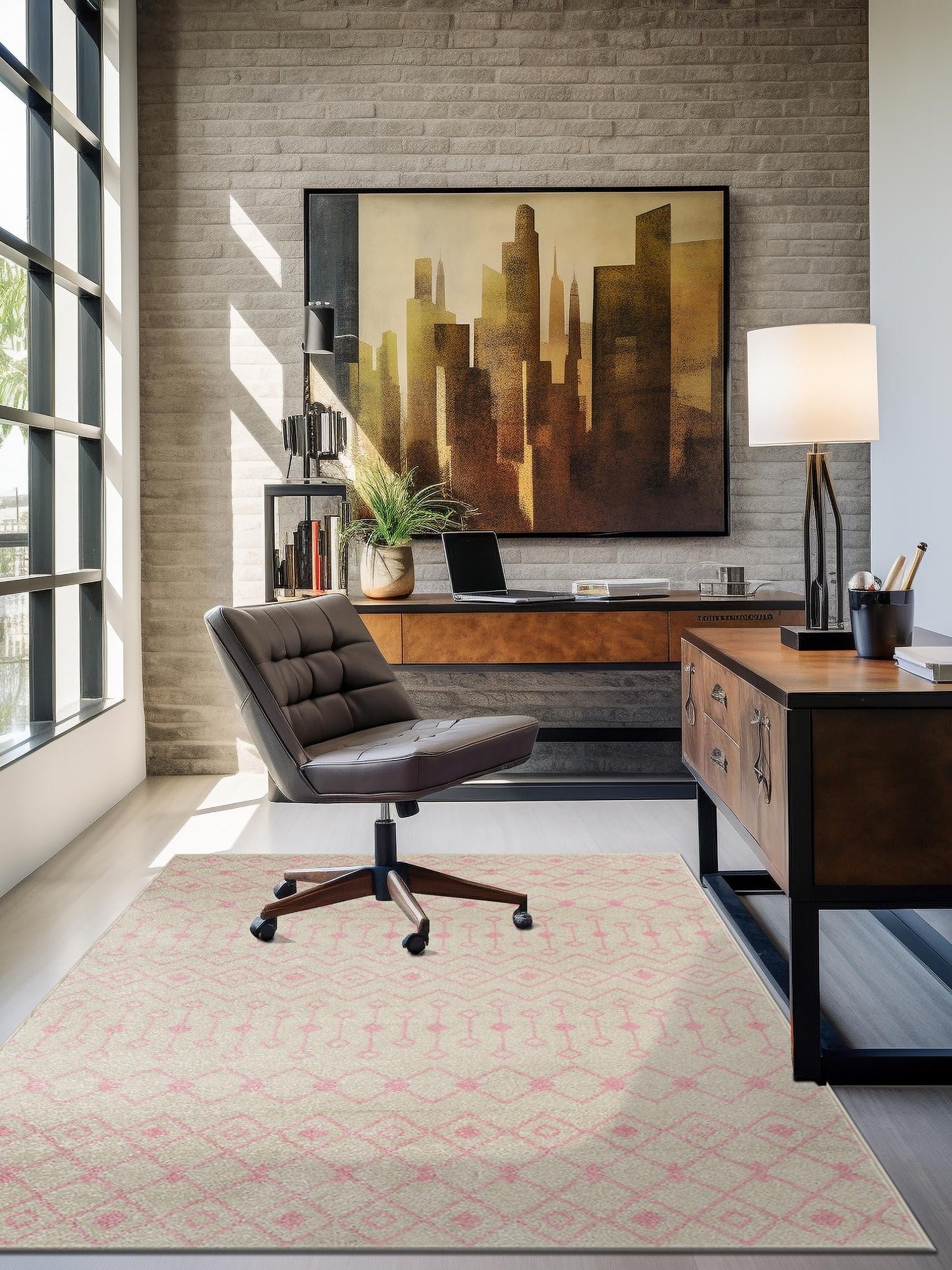 Ivory and Pink 7' 10 x 10' Tribal Trellis Rectangle Area Rug Geometric Southwestern Inspired Durable Carpet for Home Interior Design for Sale at Rug Engine