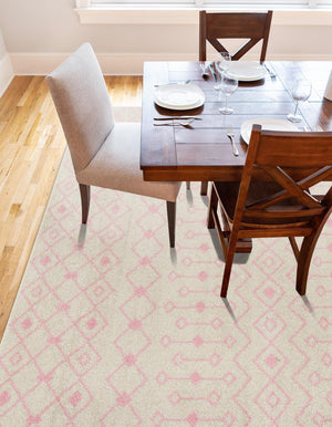 Ivory and Pink 6' x 9' Tribal Trellis Rectangle Area Rug Geometric Southwestern Inspired Durable Carpet for Home Interior Design for Sale at Rug Engine