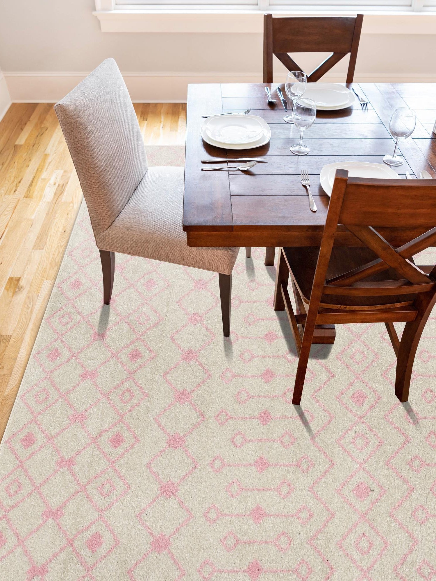 Ivory and Pink 7' 10 x 10' Tribal Trellis Rectangle Area Rug Geometric Southwestern Inspired Durable Carpet for Home Interior Design for Sale at Rug Engine