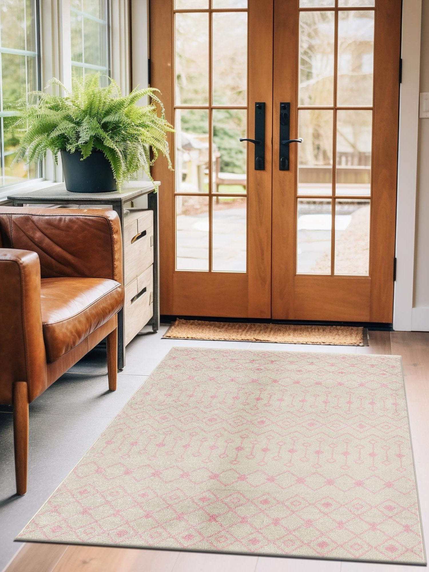 Ivory and Pink 10' x 13' Tribal Trellis Rectangle Area Rug Geometric Southwestern Inspired Durable Carpet for Home Interior Design for Sale at Rug Engine